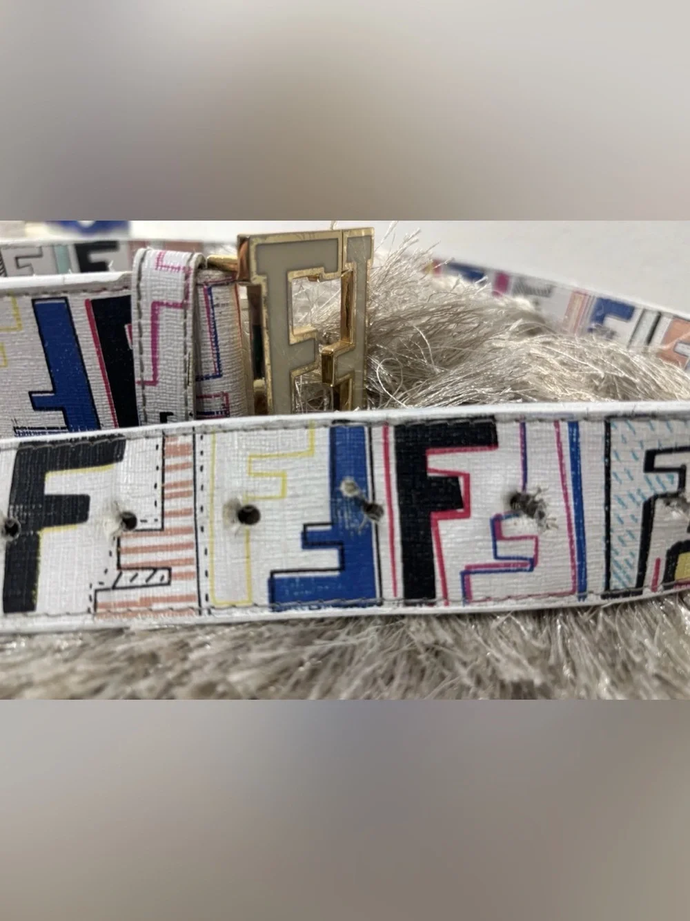 Fendi FF White leather Belt Multicolor Graphic monogram print gold FF buckle